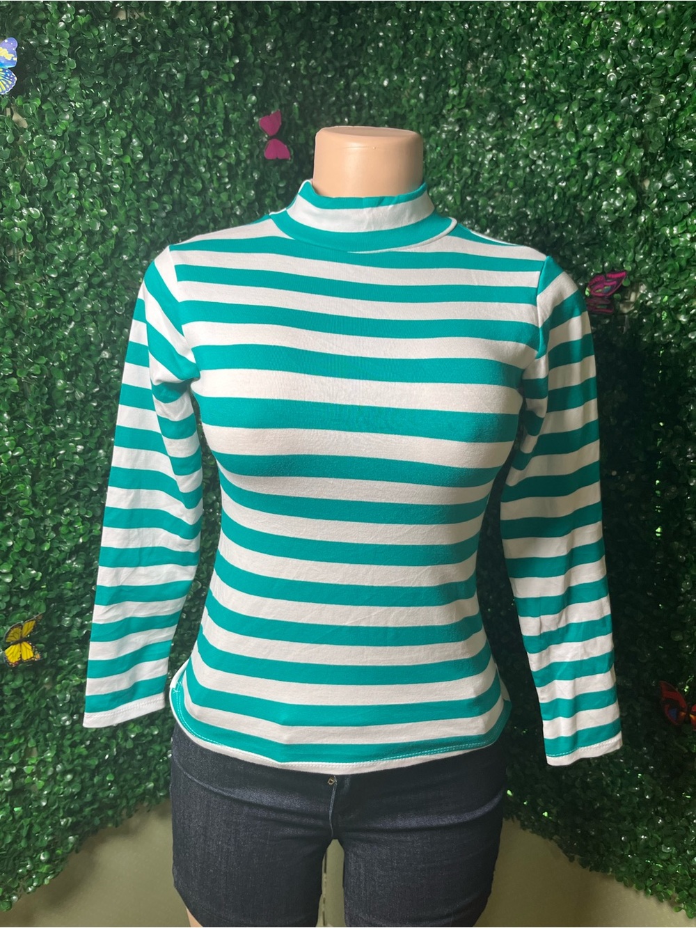 Striped Teal & White Mock Neck Long Sleeve Top - Women's